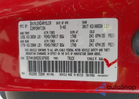 2002 Dodge Ram 1500 St from USA, damaged, VIN 3D7HA18N52G187035